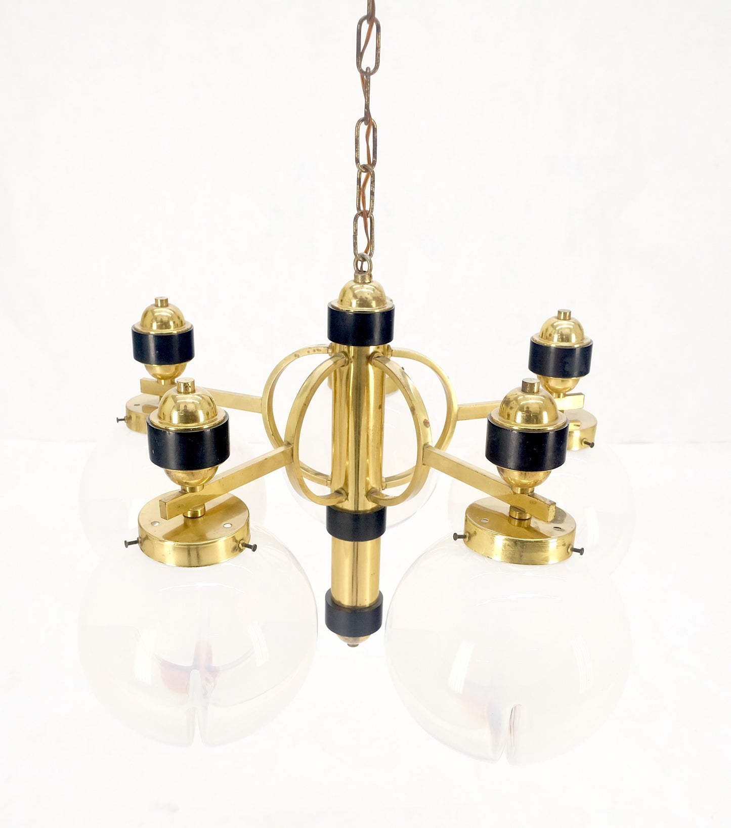 EstablishedLines Mid Century Milk Amber Glass 4 Globe Shades Brass Light Fixture Chandelier MINT