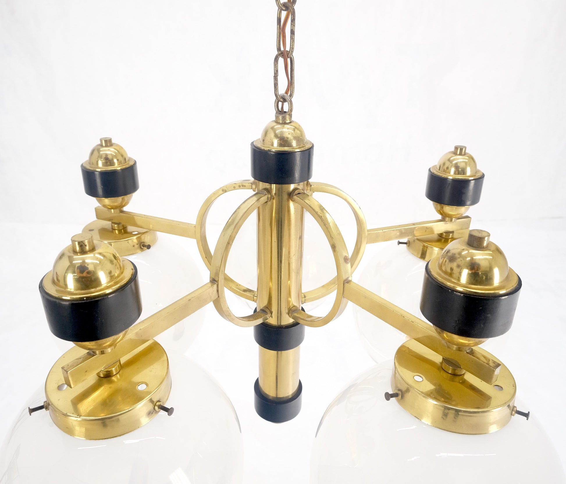 EstablishedLines Mid Century Milk Amber Glass 4 Globe Shades Brass Light Fixture Chandelier MINT
