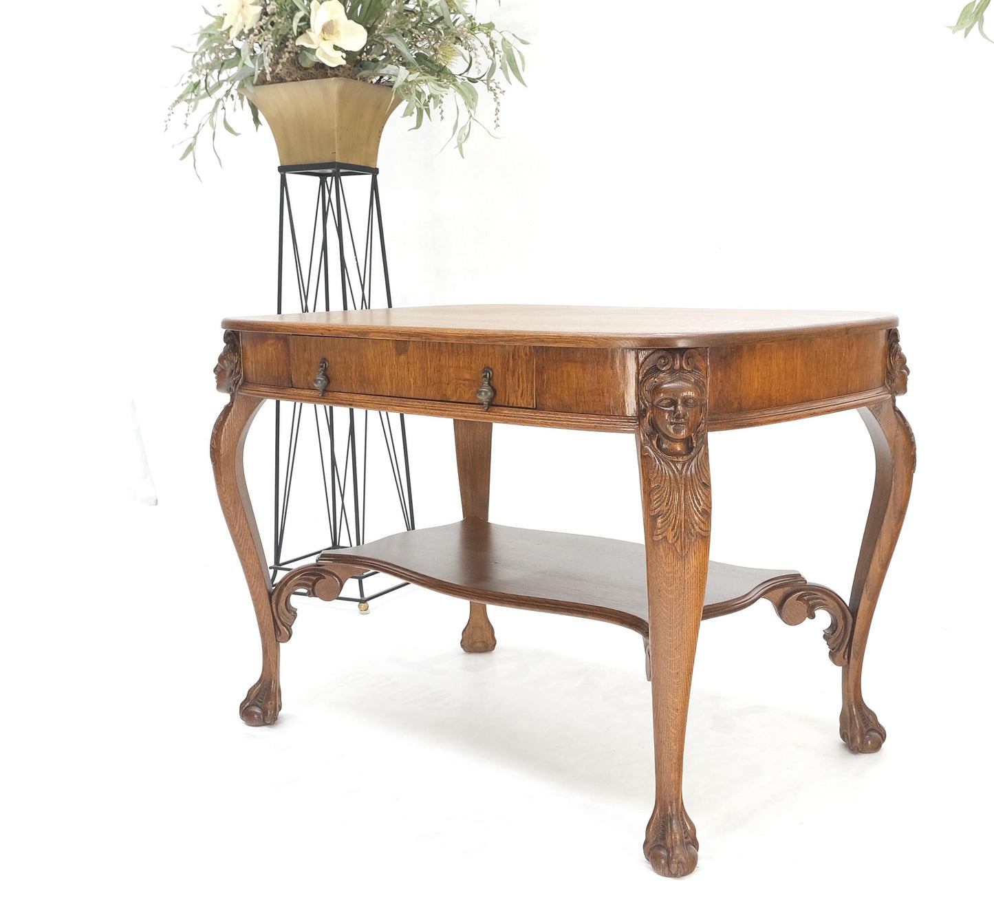 Art Nouveau Style Carved Faces Ball & Claw Feet Rounded Oak Desk Writing Table