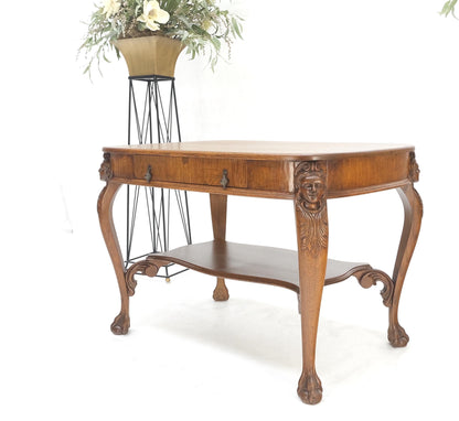 Art Nouveau Style Carved Faces Ball & Claw Feet Rounded Oak Desk Writing Table