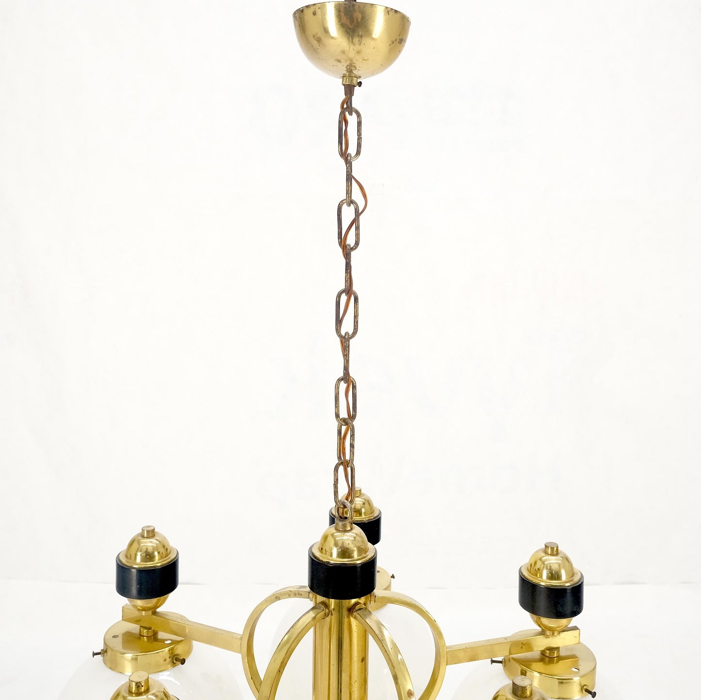 EstablishedLines Mid Century Milk Amber Glass 4 Globe Shades Brass Light Fixture Chandelier MINT
