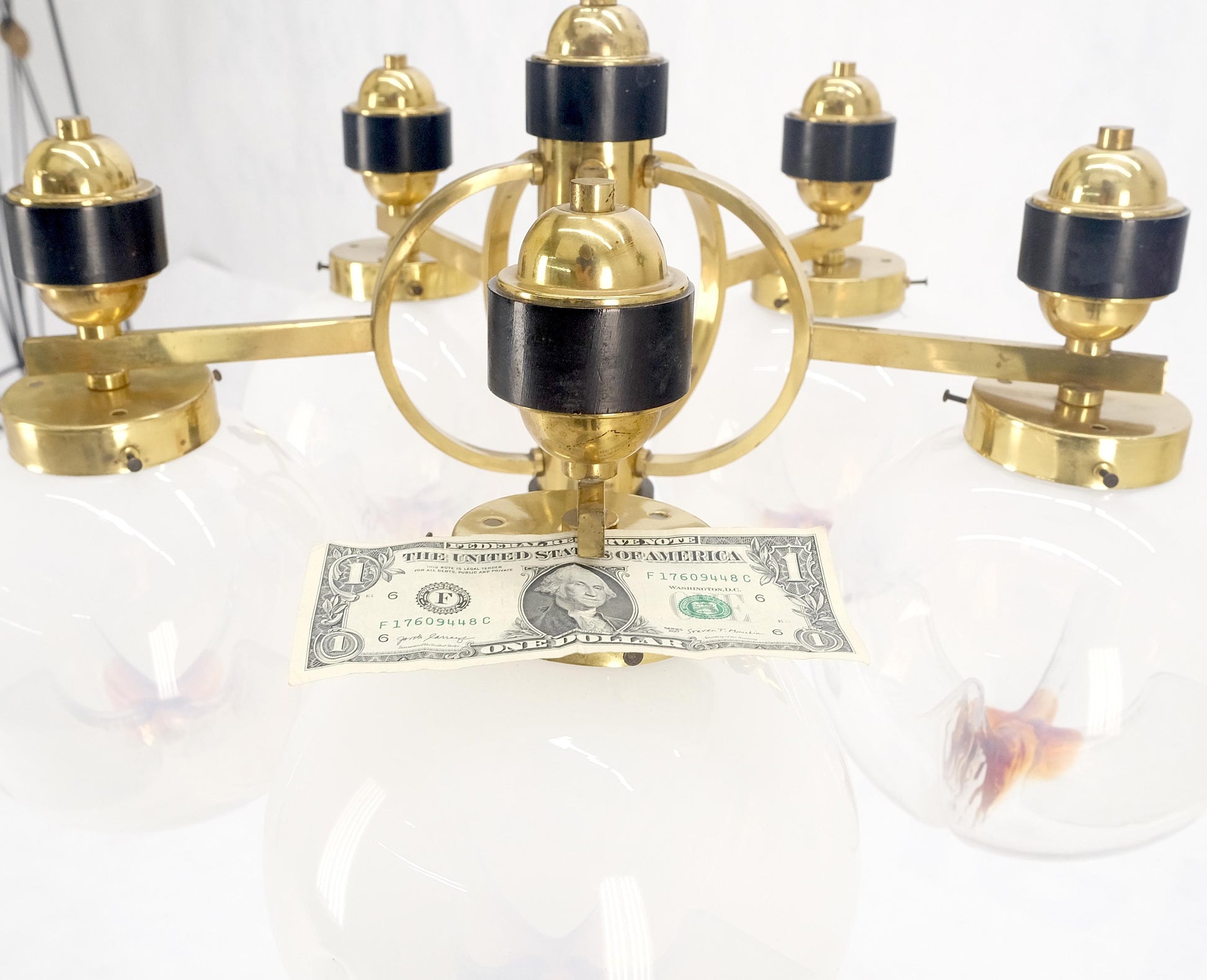 EstablishedLines Mid Century Milk Amber Glass 4 Globe Shades Brass Light Fixture Chandelier MINT