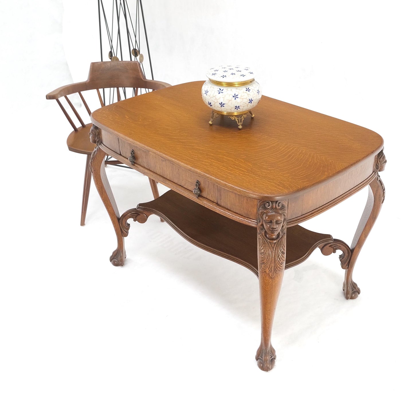 Art Nouveau Style Carved Faces Ball & Claw Feet Rounded Oak Desk Writing Table