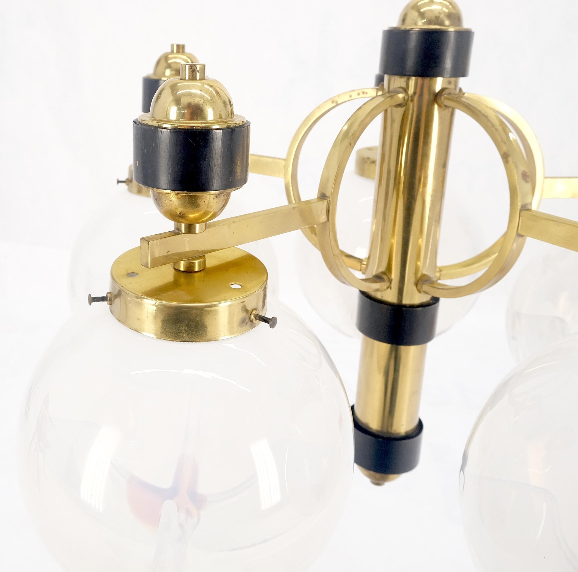 EstablishedLines Mid Century Milk Amber Glass 4 Globe Shades Brass Light Fixture Chandelier MINT
