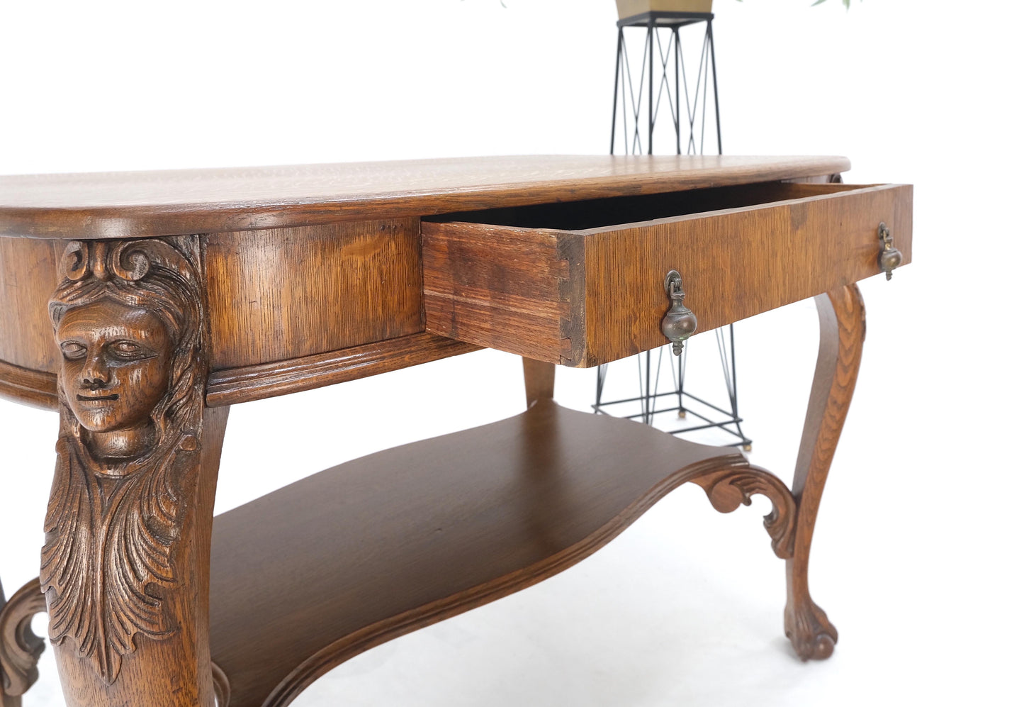 Art Nouveau Style Carved Faces Ball & Claw Feet Rounded Oak Desk Writing Table
