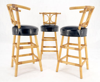 EstablishedLines Set of 3 Black Vinyl Upholstery Bamboo Bar Stools Mid Century Modern MINT