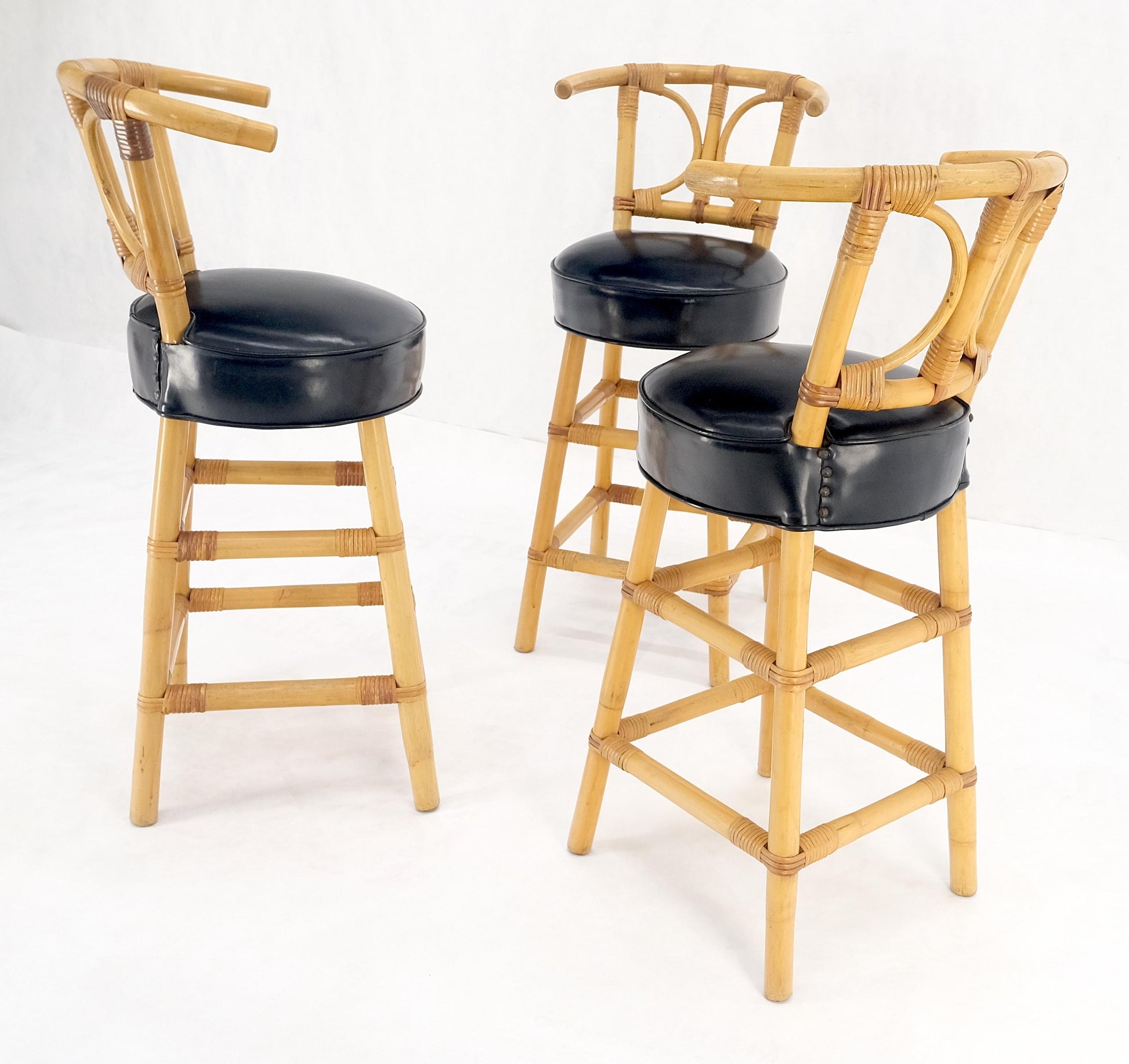 EstablishedLines Set of 3 Black Vinyl Upholstery Bamboo Bar Stools Mid Century Modern MINT