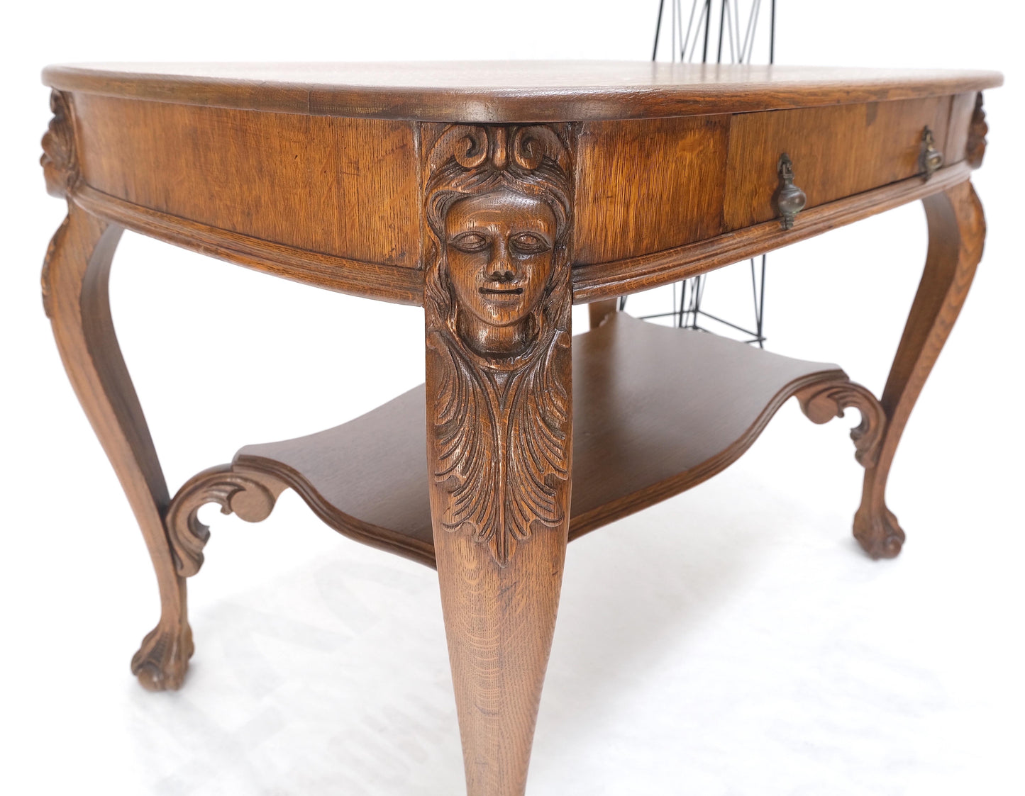 Art Nouveau Style Carved Faces Ball & Claw Feet Rounded Oak Desk Writing Table