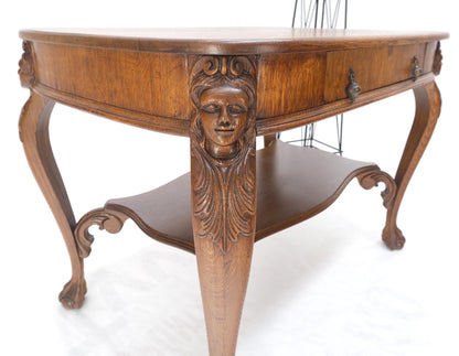 Art Nouveau Style Carved Faces Ball & Claw Feet Rounded Oak Desk Writing Table