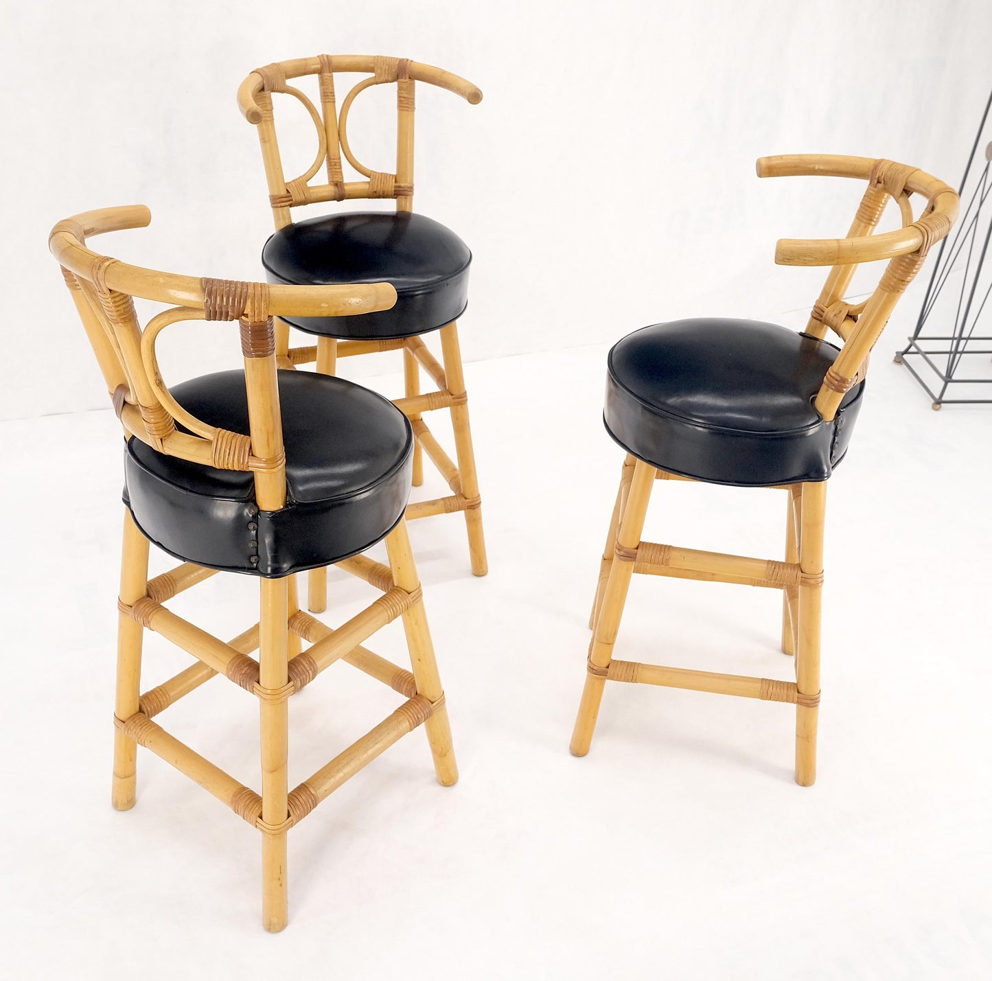 EstablishedLines Set of 3 Black Vinyl Upholstery Bamboo Bar Stools Mid Century Modern MINT