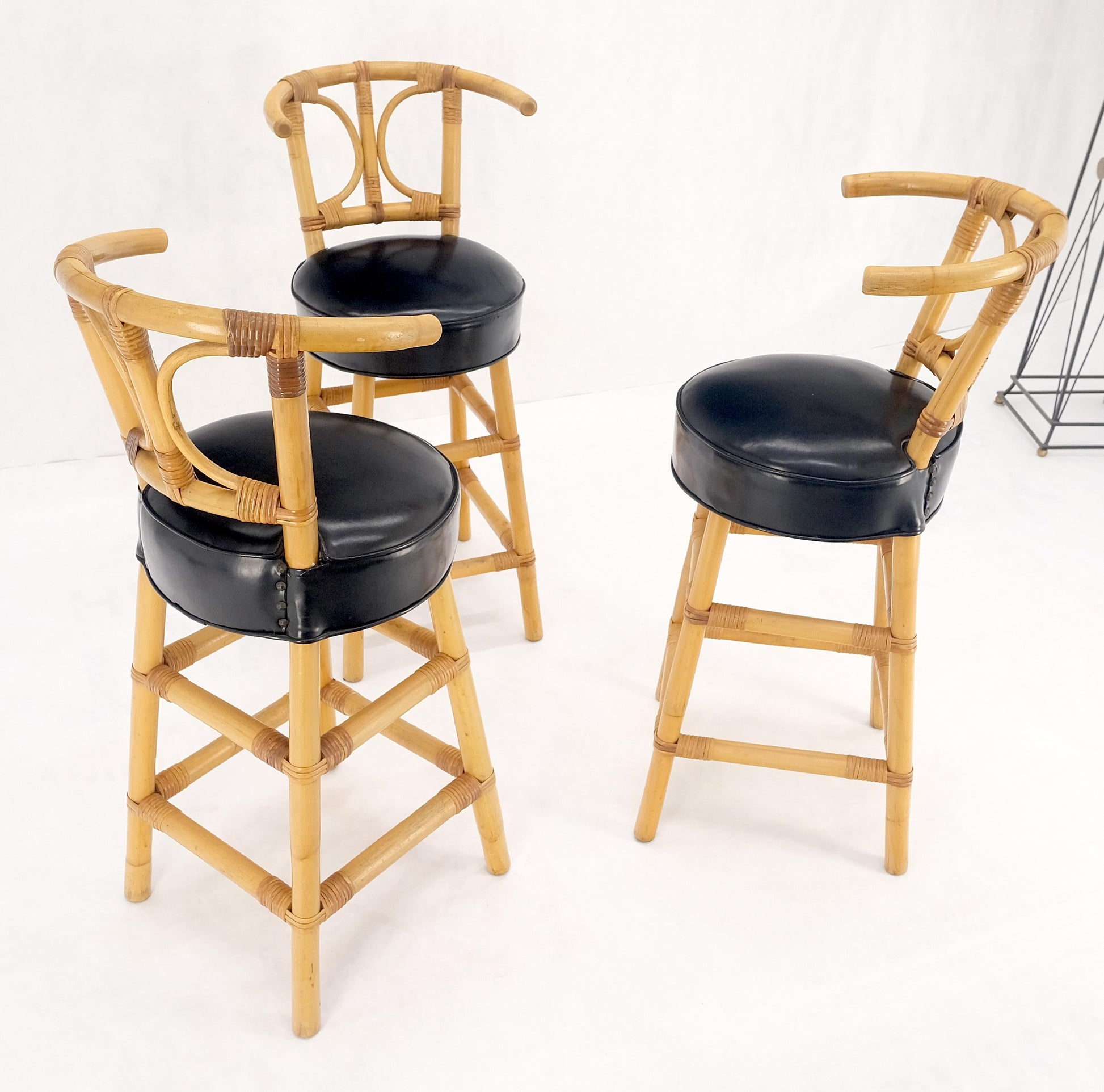 EstablishedLines Set of 3 Black Vinyl Upholstery Bamboo Bar Stools Mid Century Modern MINT