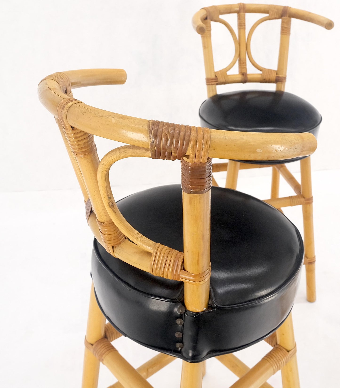 EstablishedLines Set of 3 Black Vinyl Upholstery Bamboo Bar Stools Mid Century Modern MINT