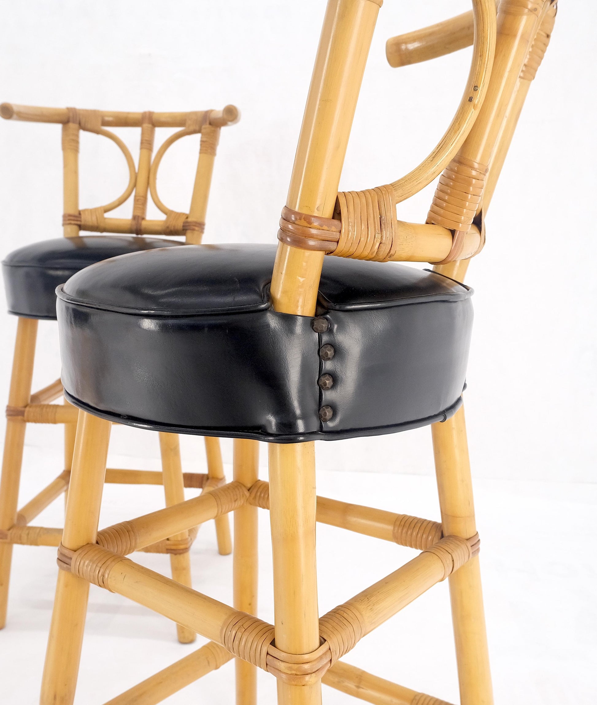 EstablishedLines Set of 3 Black Vinyl Upholstery Bamboo Bar Stools Mid Century Modern MINT