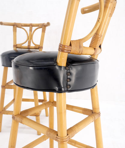 EstablishedLines Set of 3 Black Vinyl Upholstery Bamboo Bar Stools Mid Century Modern MINT