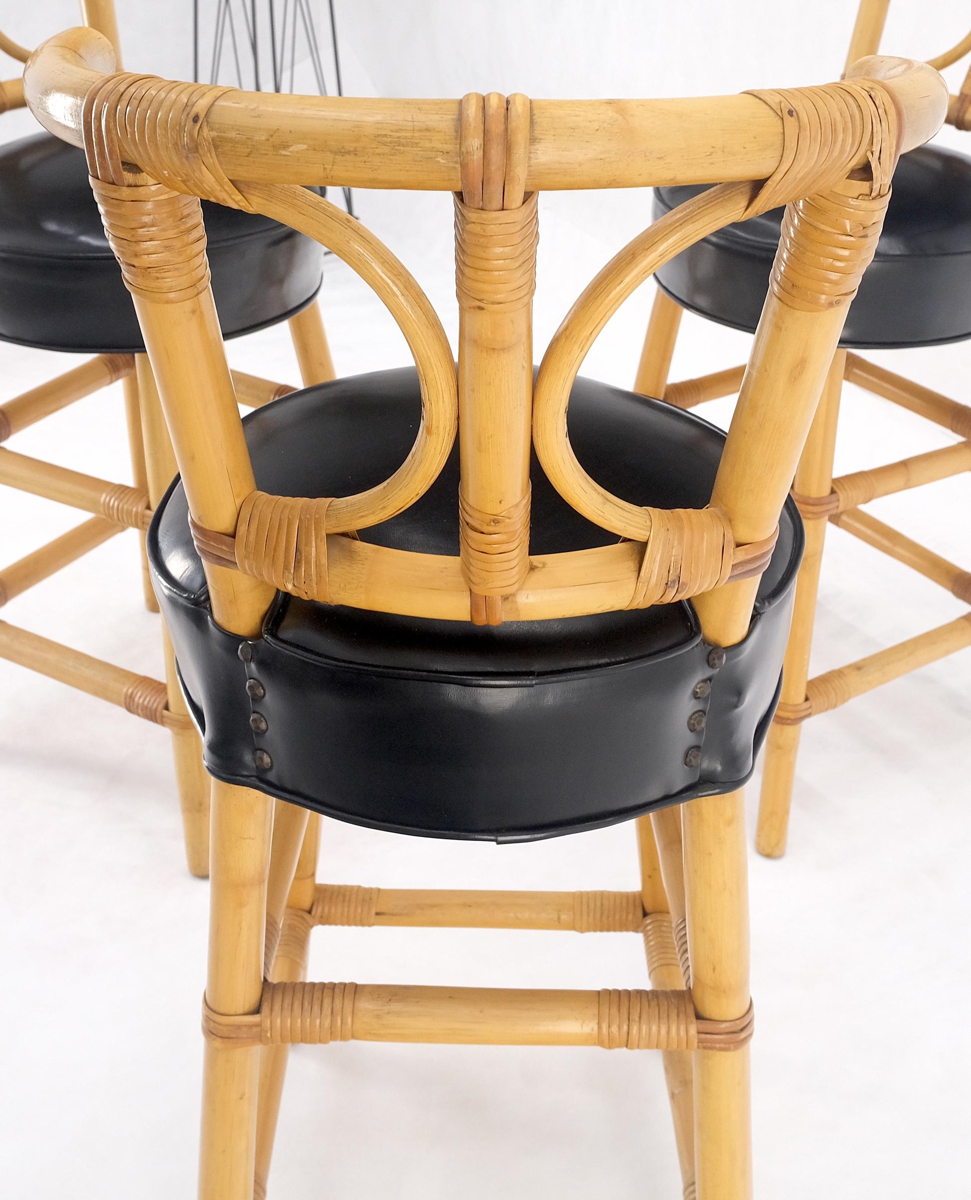 EstablishedLines Set of 3 Black Vinyl Upholstery Bamboo Bar Stools Mid Century Modern MINT