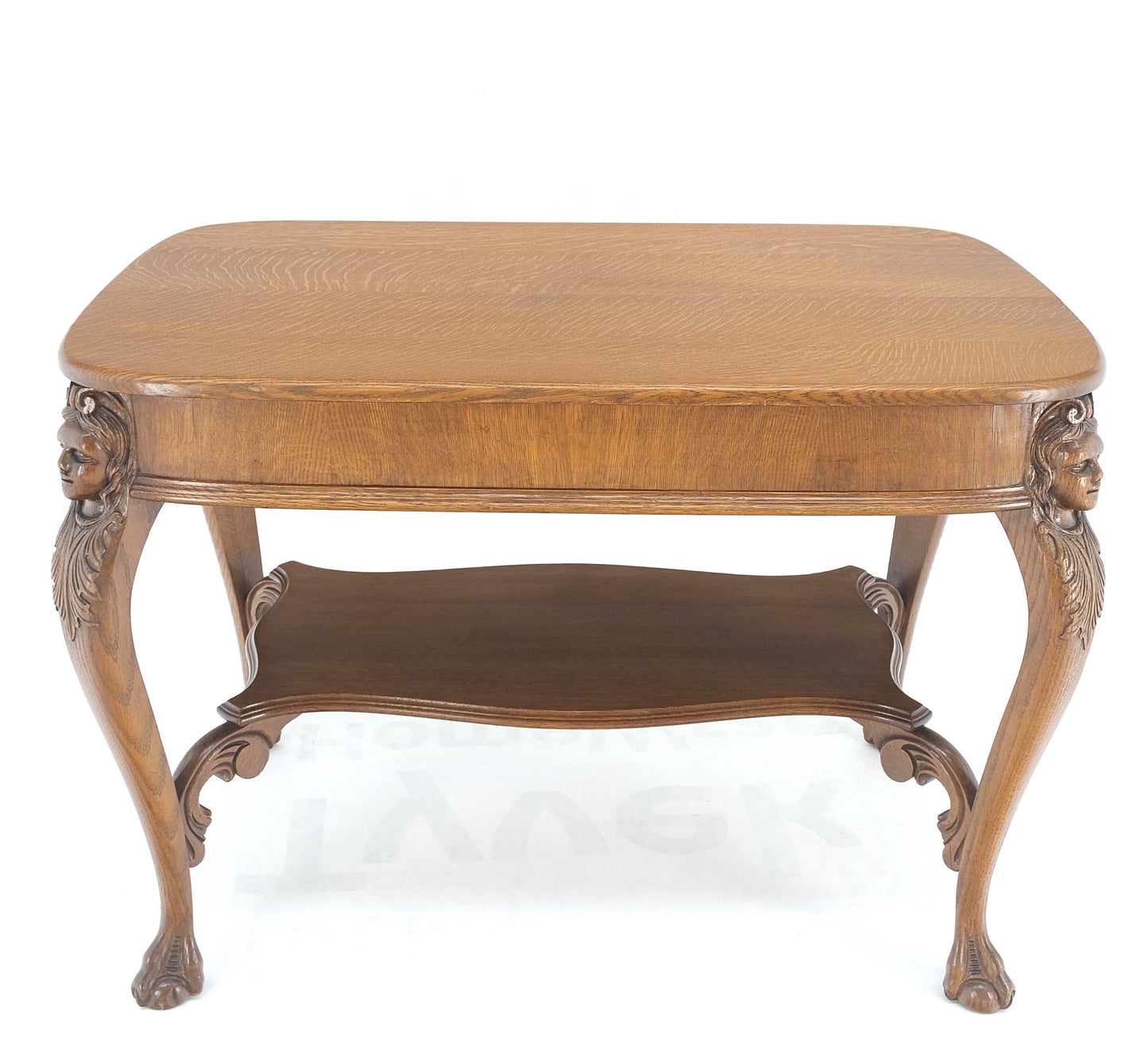 Art Nouveau Style Carved Faces Ball & Claw Feet Rounded Oak Desk Writing Table
