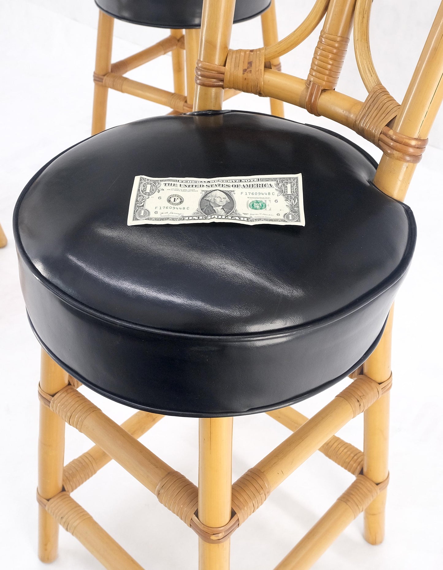 EstablishedLines Set of 3 Black Vinyl Upholstery Bamboo Bar Stools Mid Century Modern MINT