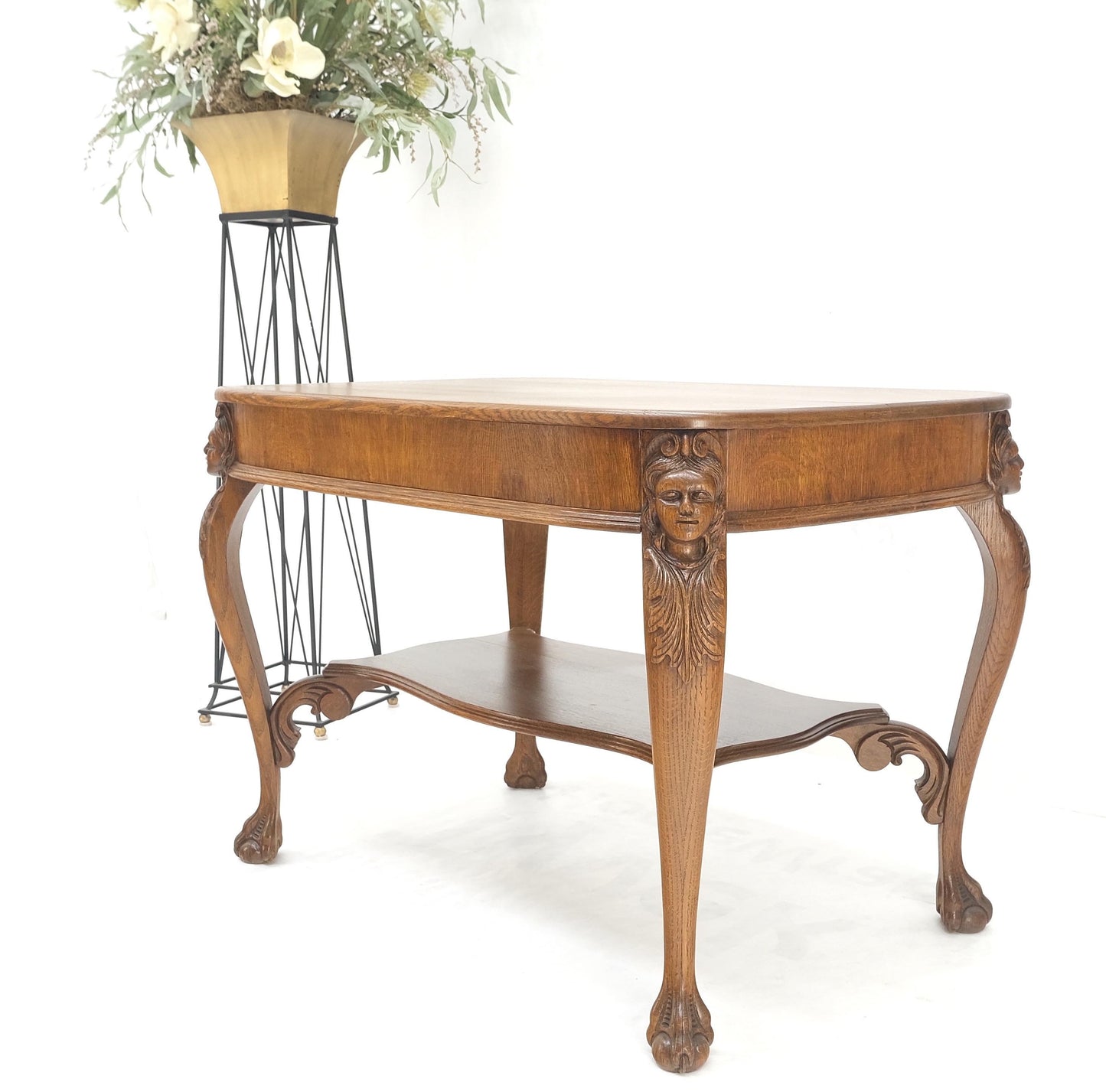 Art Nouveau Style Carved Faces Ball & Claw Feet Rounded Oak Desk Writing Table