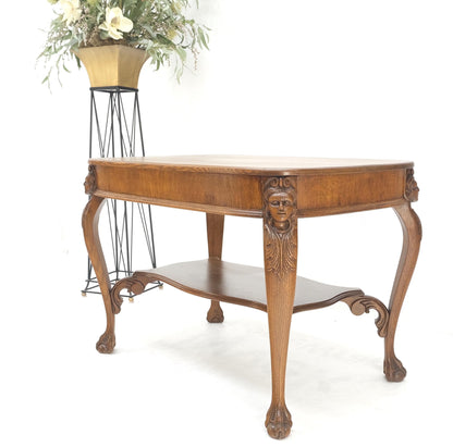 Art Nouveau Style Carved Faces Ball & Claw Feet Rounded Oak Desk Writing Table