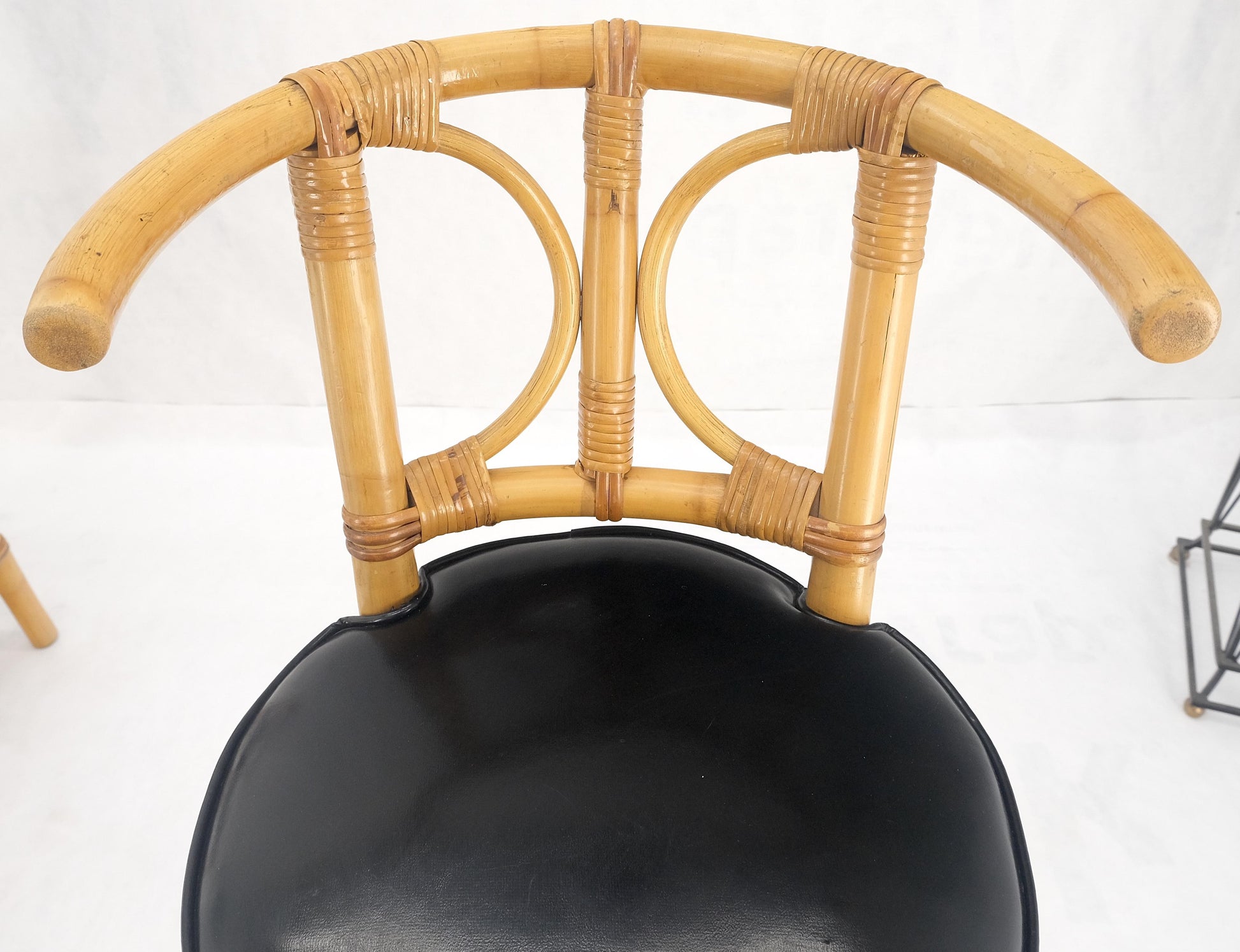 EstablishedLines Set of 3 Black Vinyl Upholstery Bamboo Bar Stools Mid Century Modern MINT