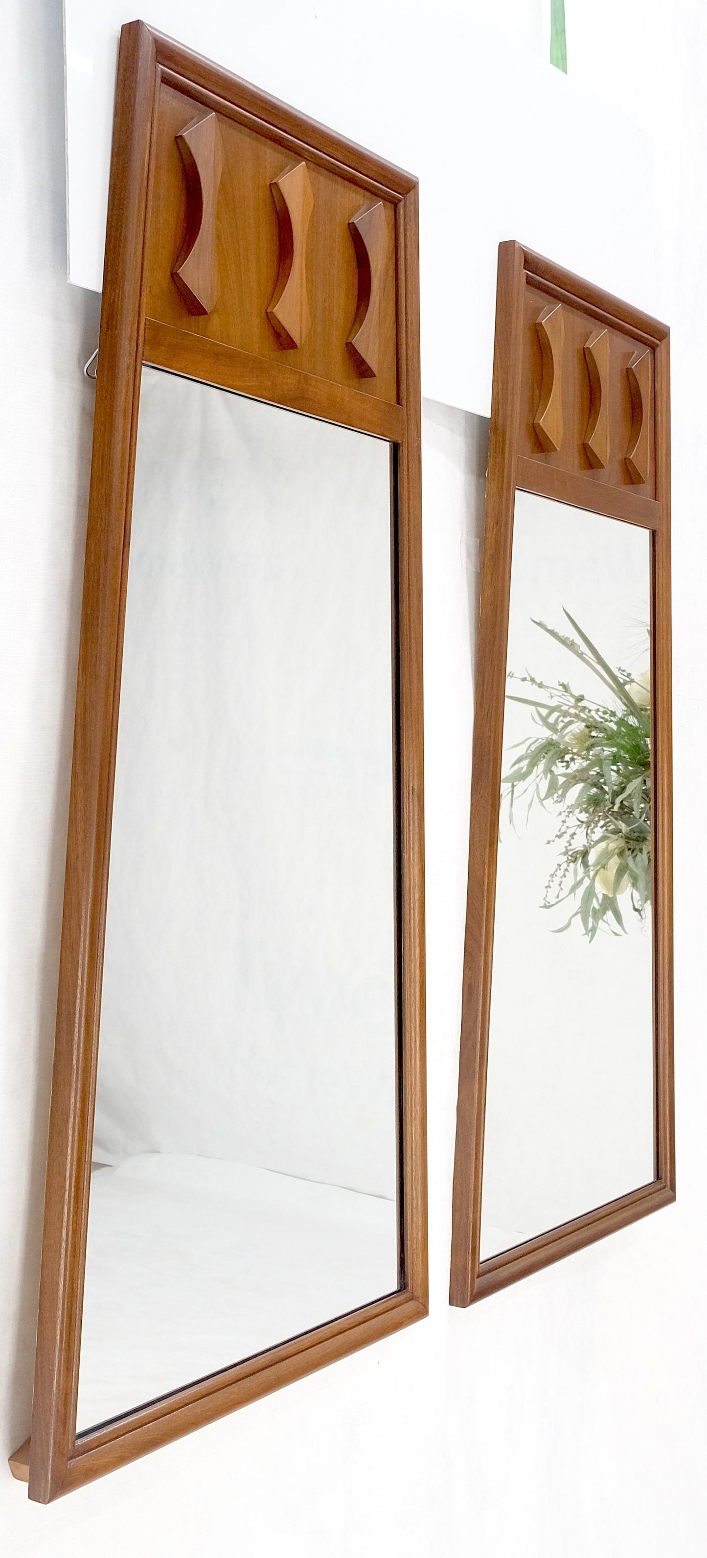 EstablishedLines Pair of Mid Century Modern Walnut Pyramid Shape Walnut Wall Mirrors MINT!