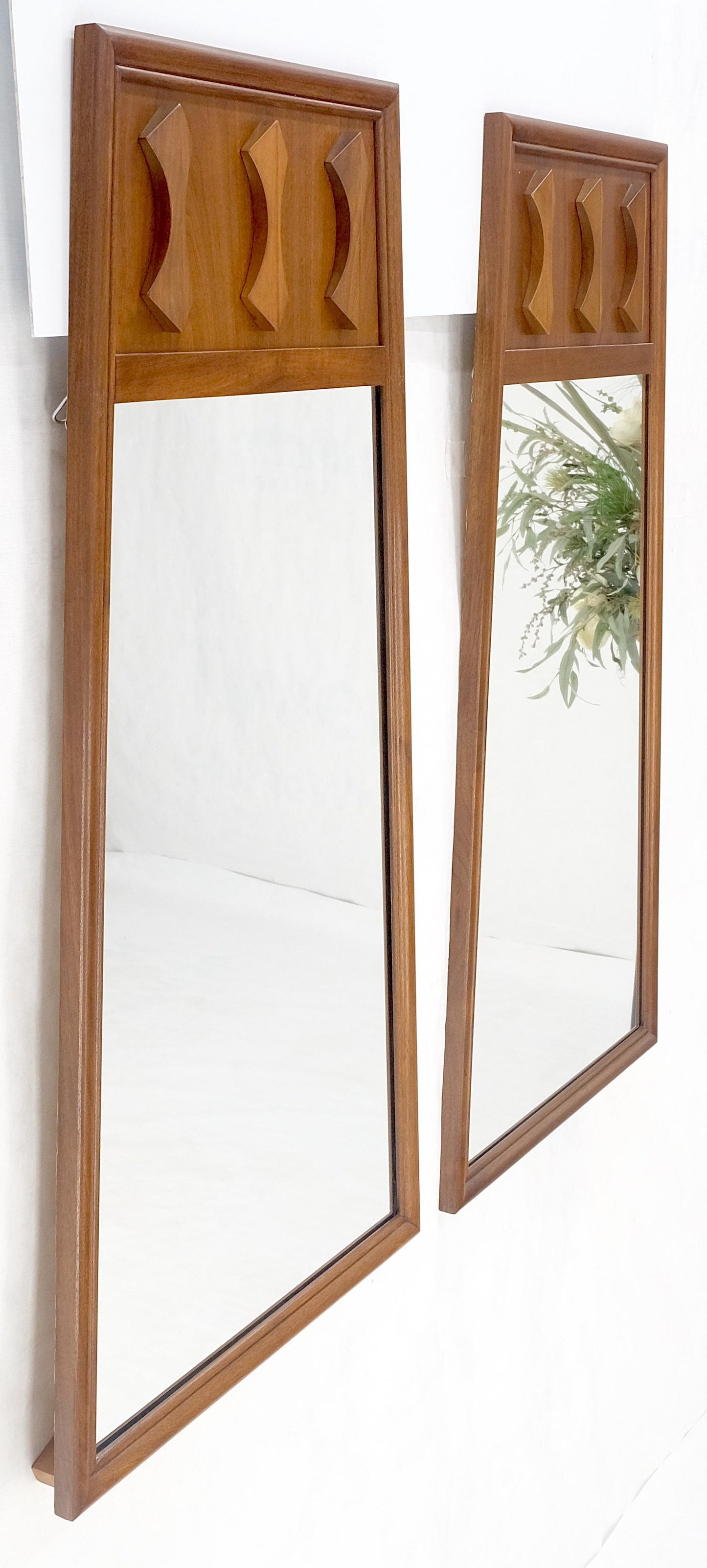 EstablishedLines Pair of Mid Century Modern Walnut Pyramid Shape Walnut Wall Mirrors MINT!