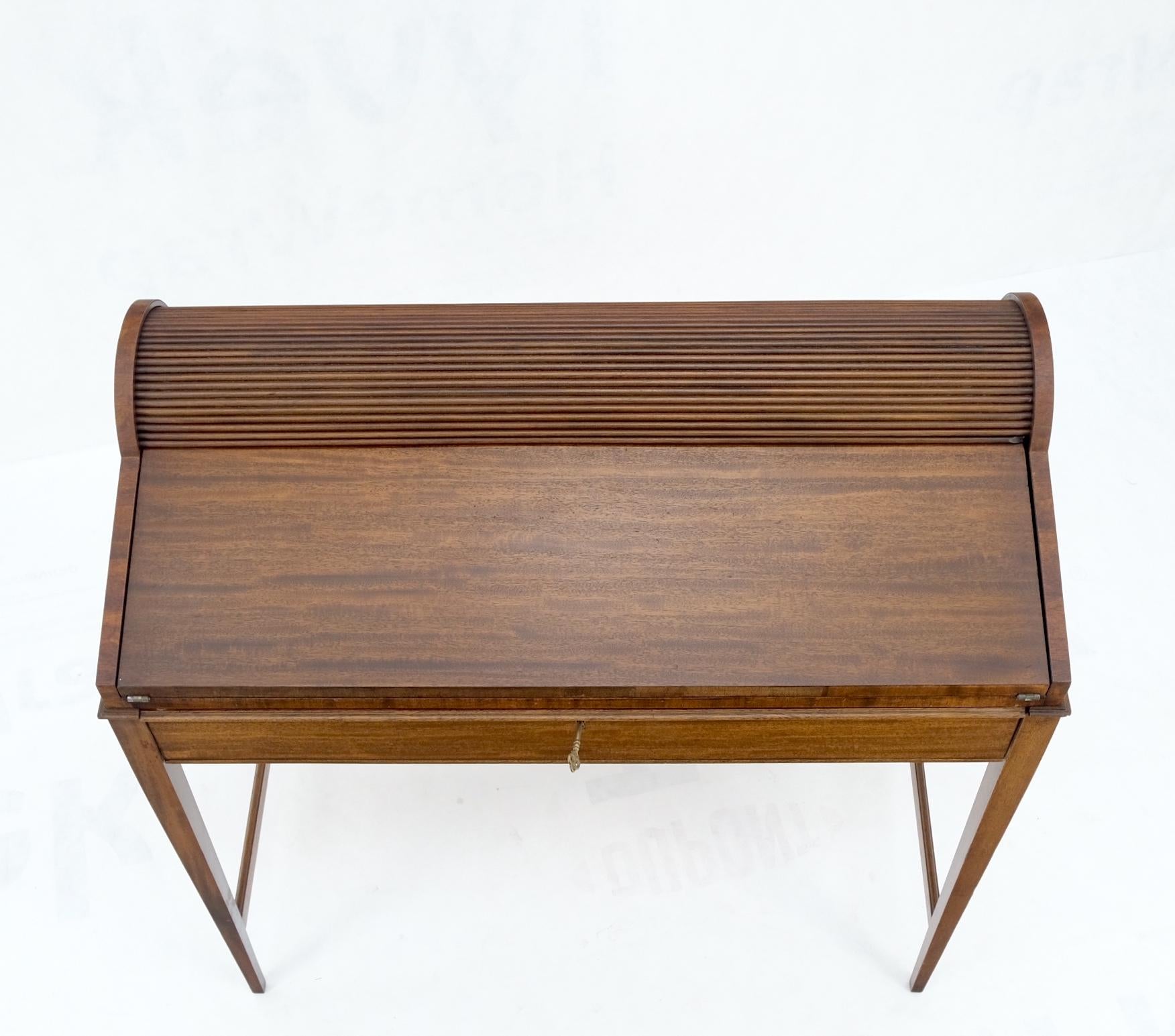 EstablishedLines Petit Roll Top Mahogany Mechanical Desk Writing Table Tapered Legs Mid Century
