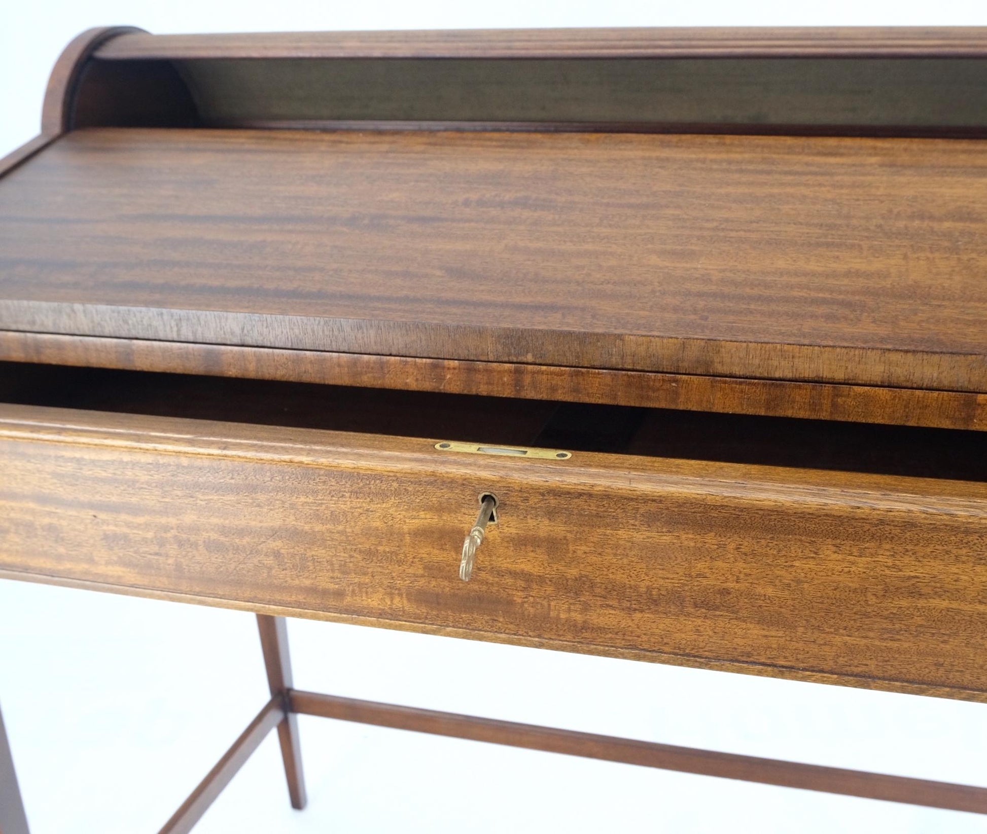 EstablishedLines Petit Roll Top Mahogany Mechanical Desk Writing Table Tapered Legs Mid Century