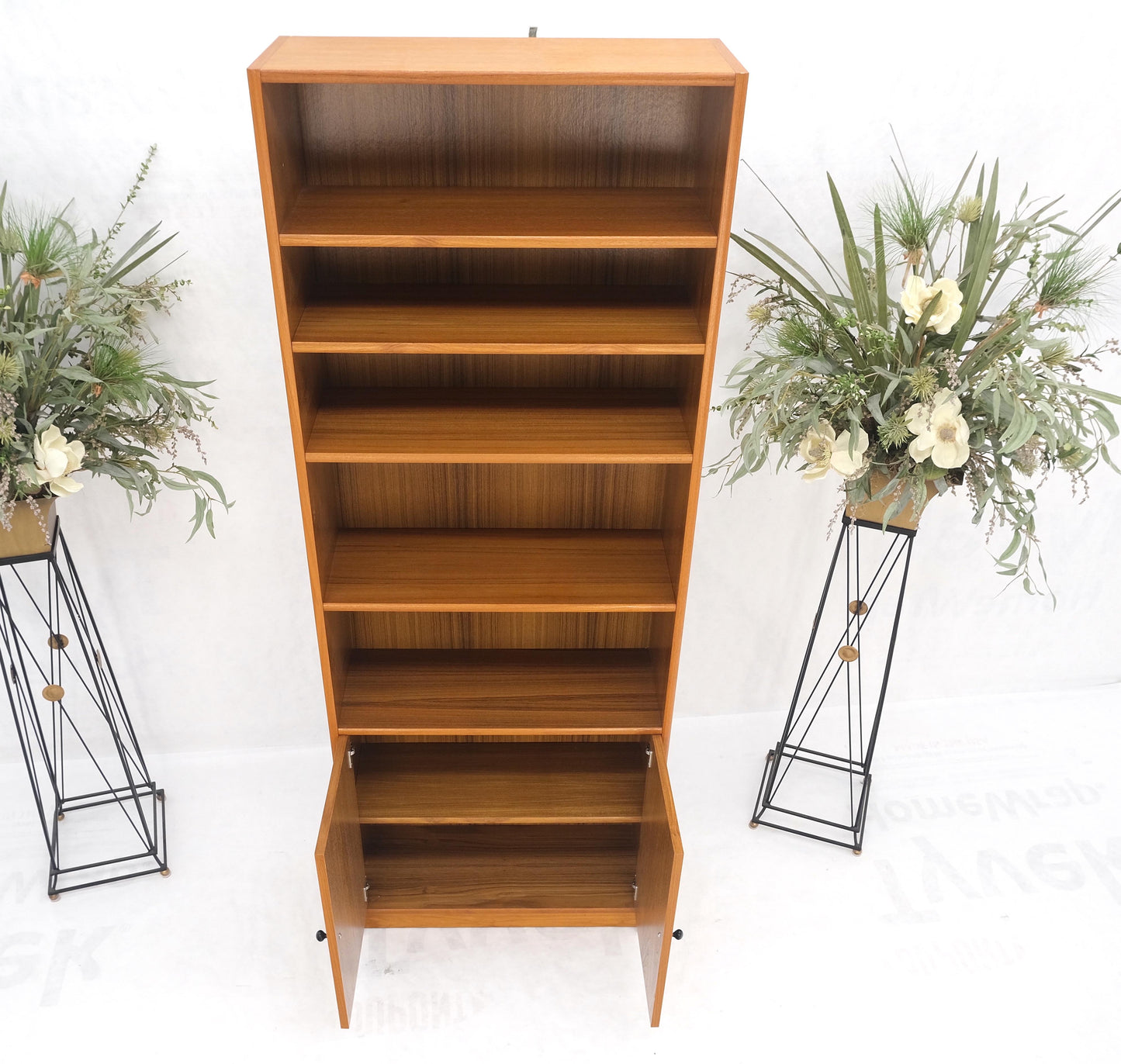 Tall Danish Teak Mid-Century Modern Bookcase Adjustable Shelves 2 Door Compartme