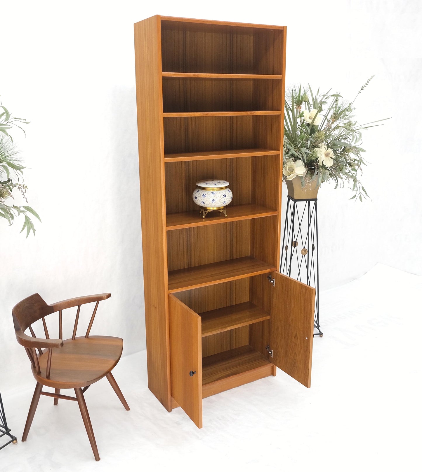 Tall Danish Teak Mid-Century Modern Bookcase Adjustable Shelves 2 Door Compartme