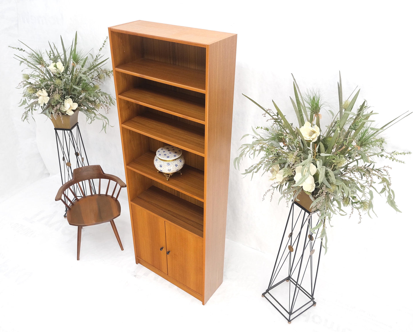 Tall Danish Teak Mid-Century Modern Bookcase Adjustable Shelves 2 Door Compartme