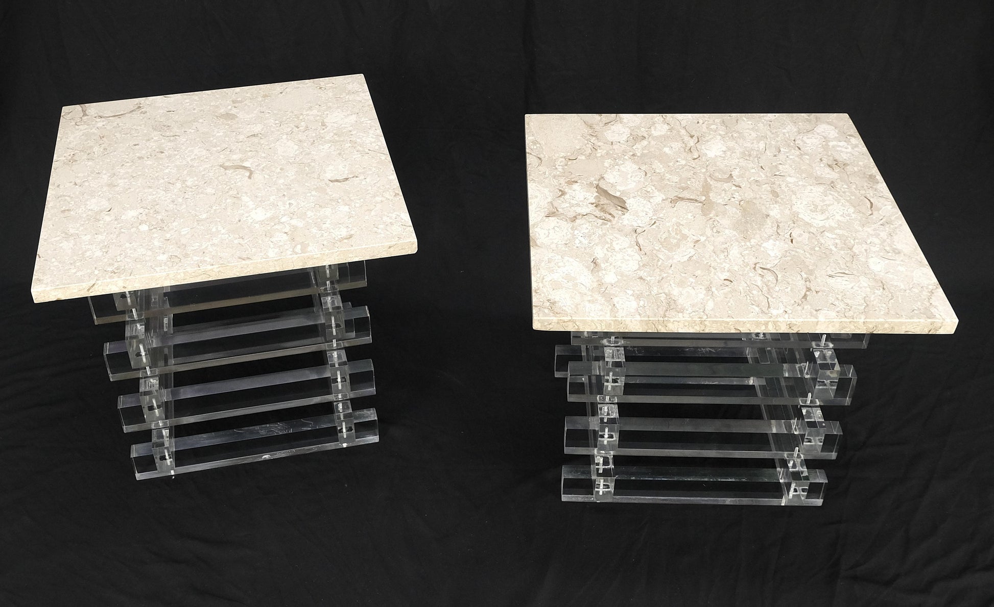 EstablishedLines Pair Stacked Lucite Square Marble Travertine Tops End Side Occasional Tables