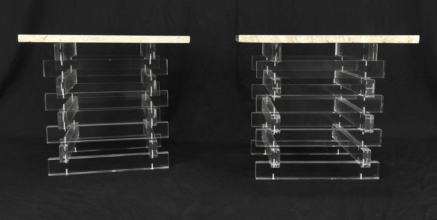 EstablishedLines Pair Stacked Lucite Square Marble Travertine Tops End Side Occasional Tables