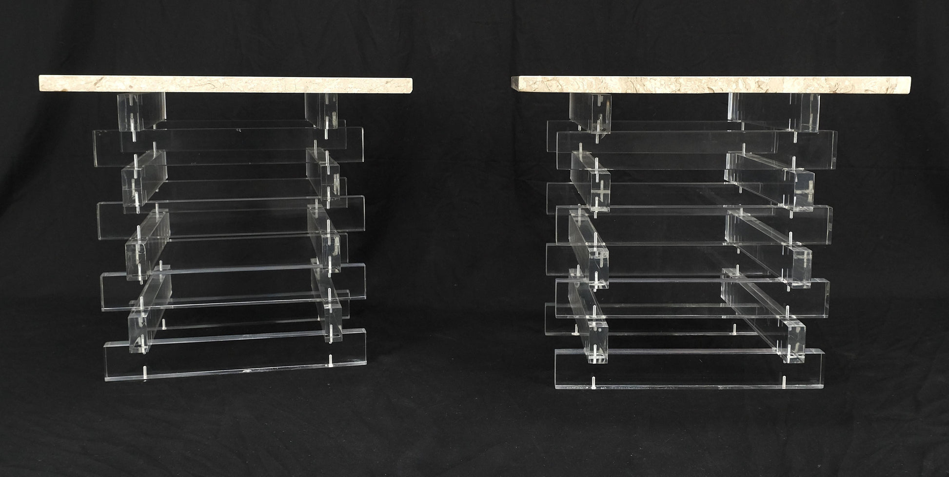EstablishedLines Pair Stacked Lucite Square Marble Travertine Tops End Side Occasional Tables