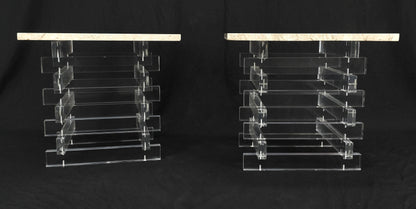 EstablishedLines Pair Stacked Lucite Square Marble Travertine Tops End Side Occasional Tables