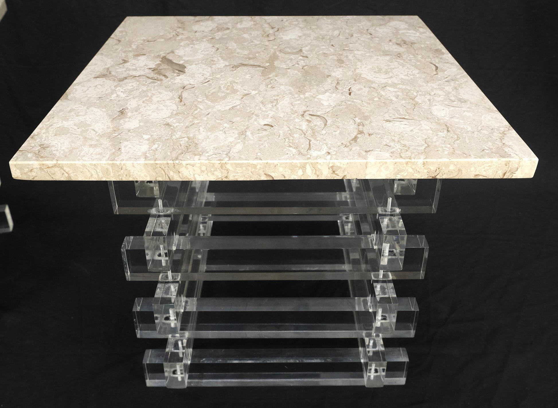 EstablishedLines Pair Stacked Lucite Square Marble Travertine Tops End Side Occasional Tables