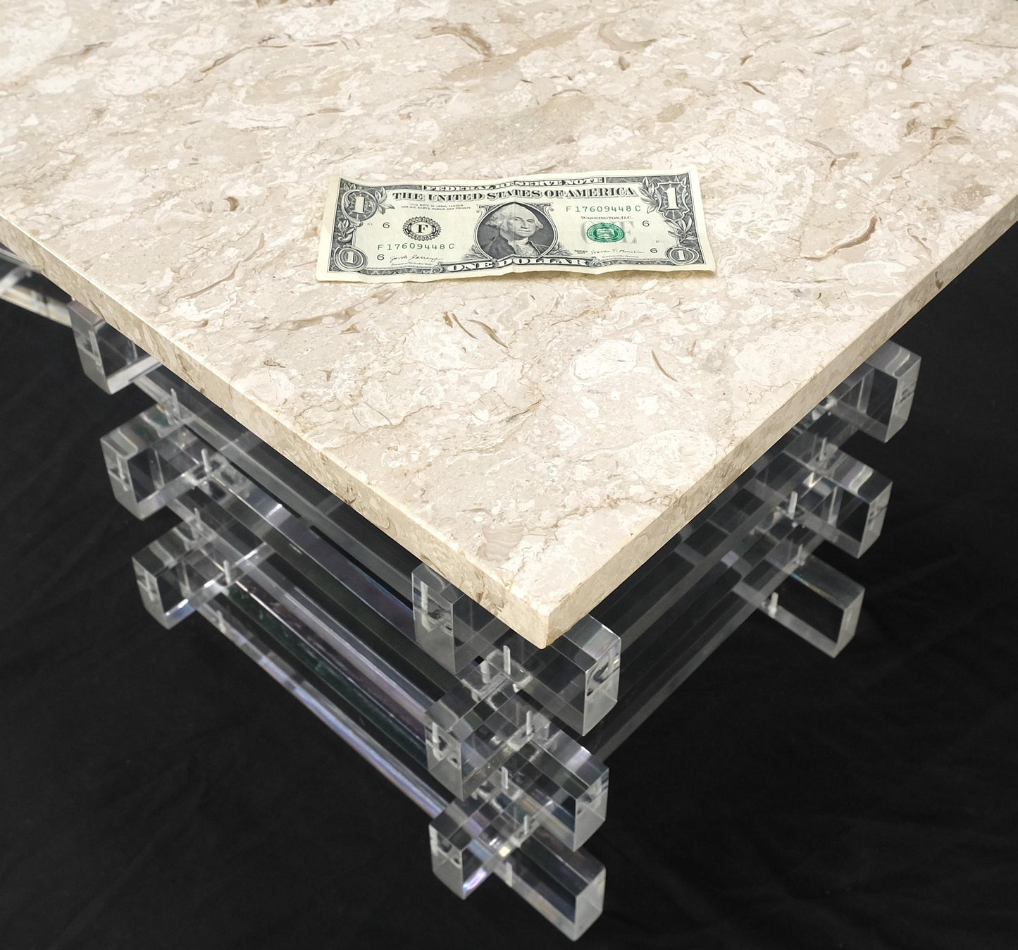 EstablishedLines Pair Stacked Lucite Square Marble Travertine Tops End Side Occasional Tables