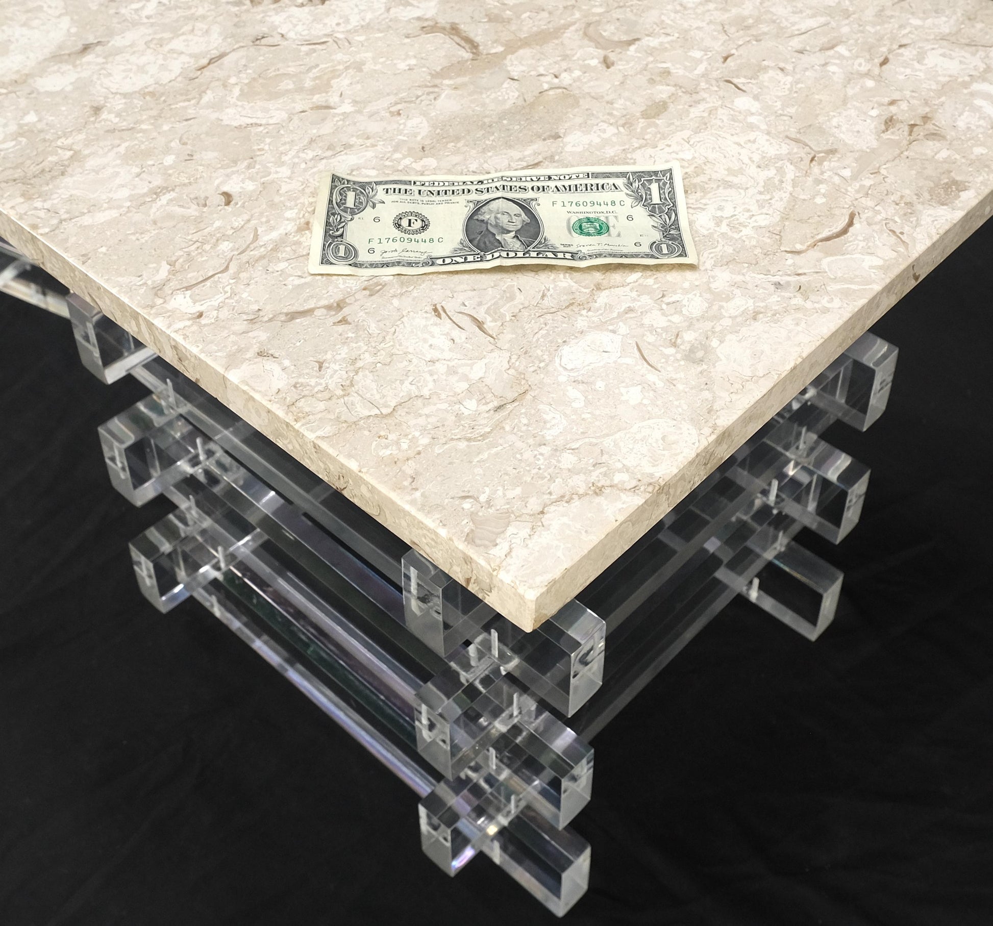 EstablishedLines Pair Stacked Lucite Square Marble Travertine Tops End Side Occasional Tables
