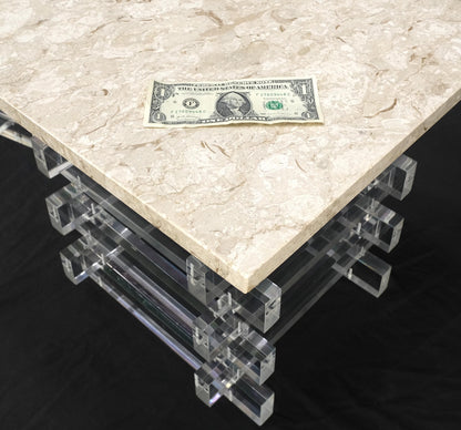 EstablishedLines Pair Stacked Lucite Square Marble Travertine Tops End Side Occasional Tables