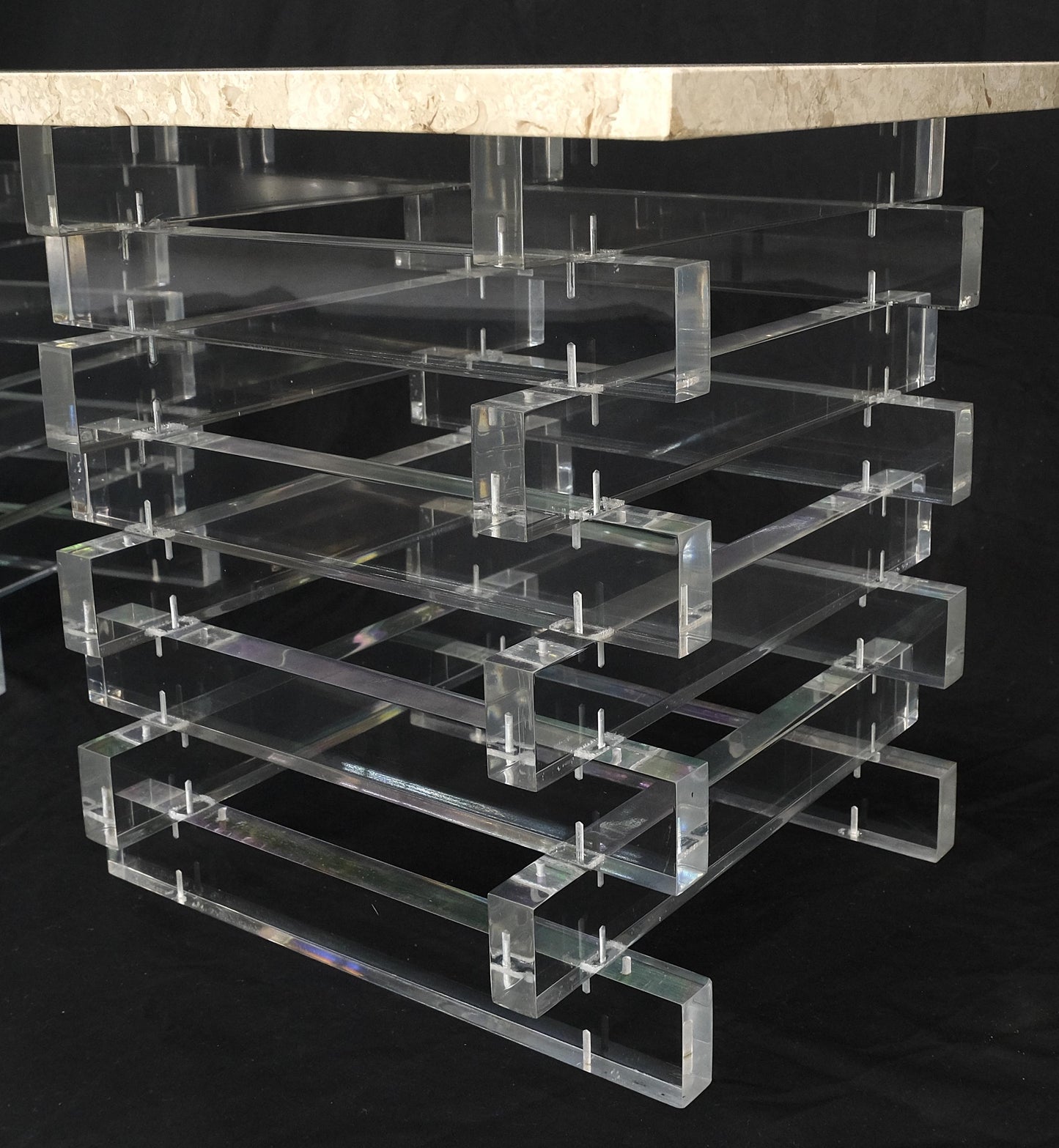 EstablishedLines Pair Stacked Lucite Square Marble Travertine Tops End Side Occasional Tables