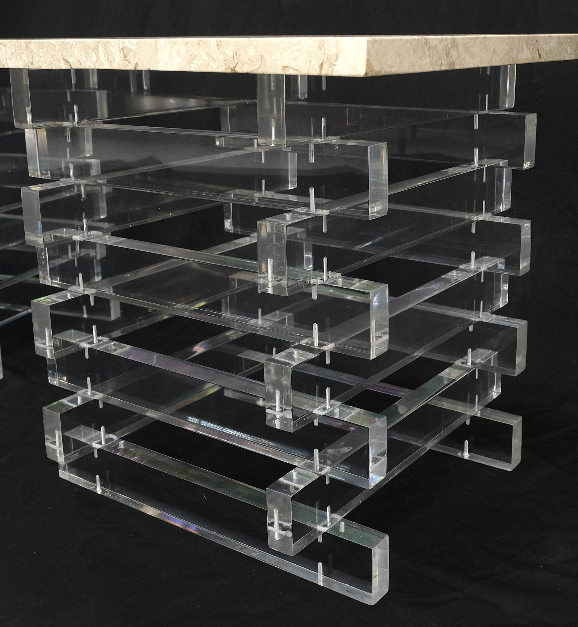 EstablishedLines Pair Stacked Lucite Square Marble Travertine Tops End Side Occasional Tables