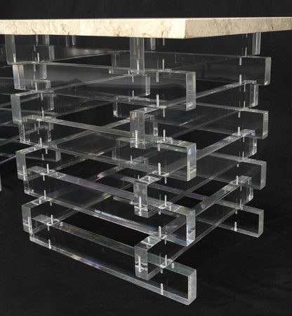 EstablishedLines Pair Stacked Lucite Square Marble Travertine Tops End Side Occasional Tables
