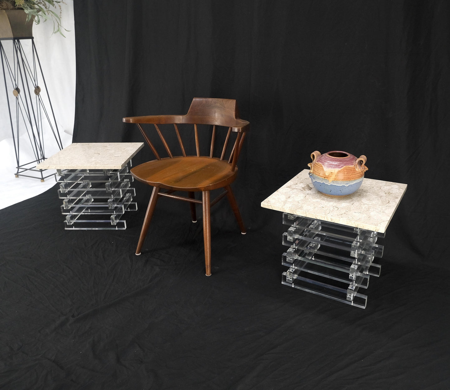 EstablishedLines Pair Stacked Lucite Square Marble Travertine Tops End Side Occasional Tables