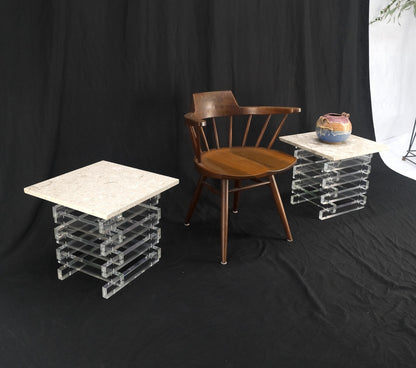 EstablishedLines Pair Stacked Lucite Square Marble Travertine Tops End Side Occasional Tables