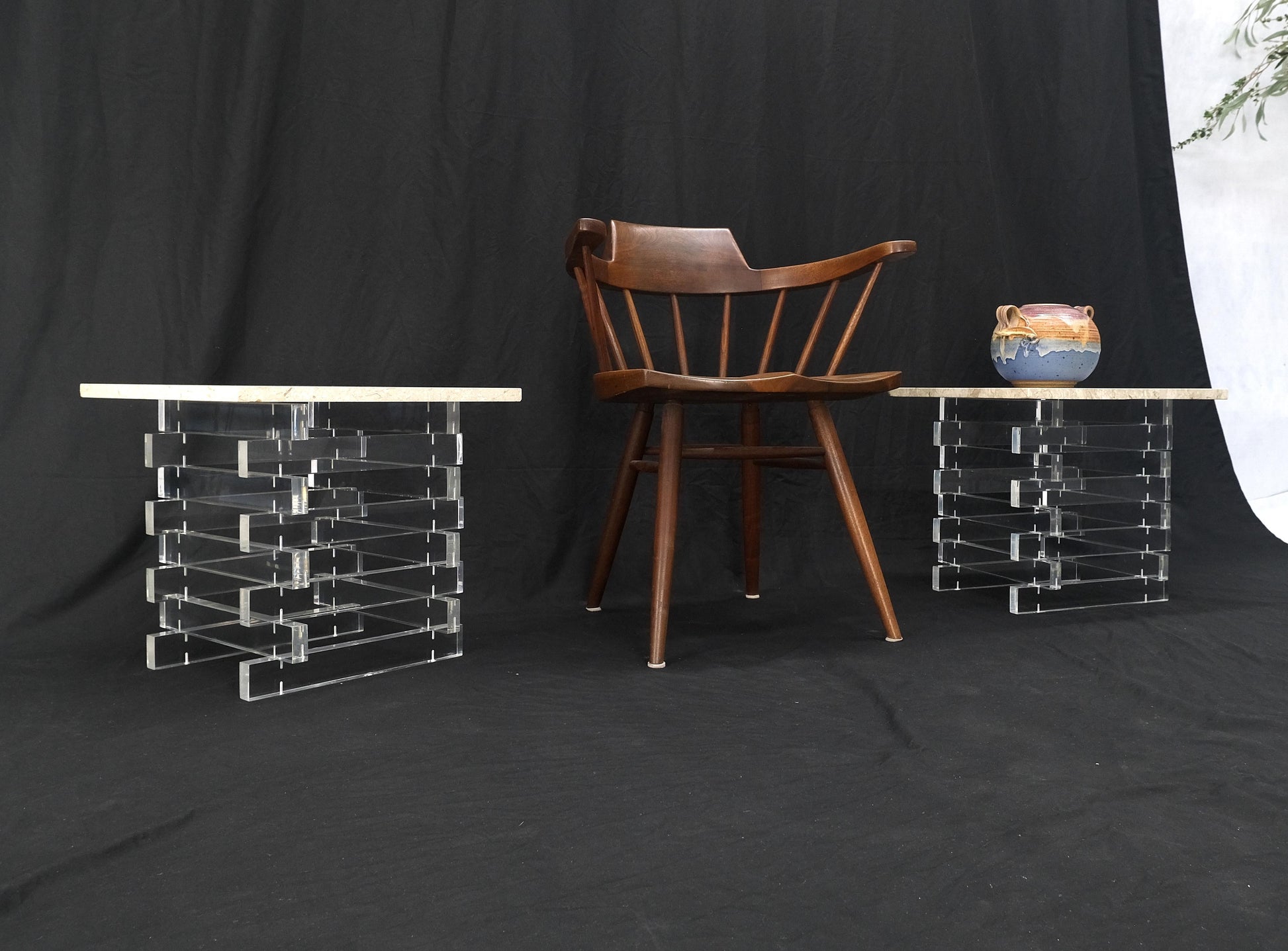 EstablishedLines Pair Stacked Lucite Square Marble Travertine Tops End Side Occasional Tables