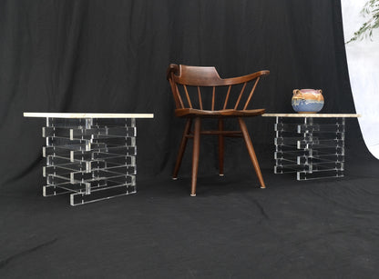 EstablishedLines Pair Stacked Lucite Square Marble Travertine Tops End Side Occasional Tables