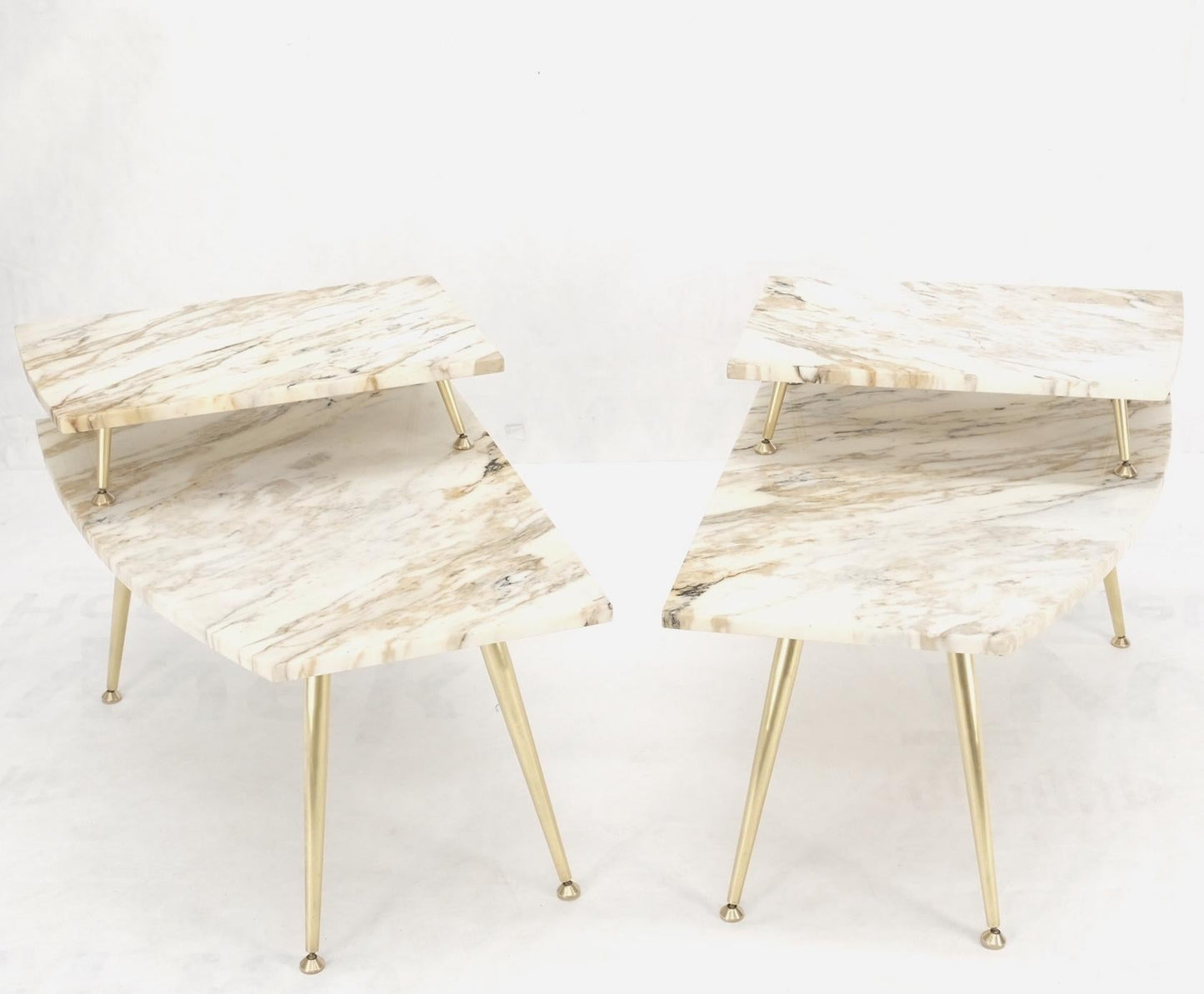 EstablishedLines Pair of Asymmetrical Wedge Two Tier Marble Top Tapered Brass Legs Side End Table