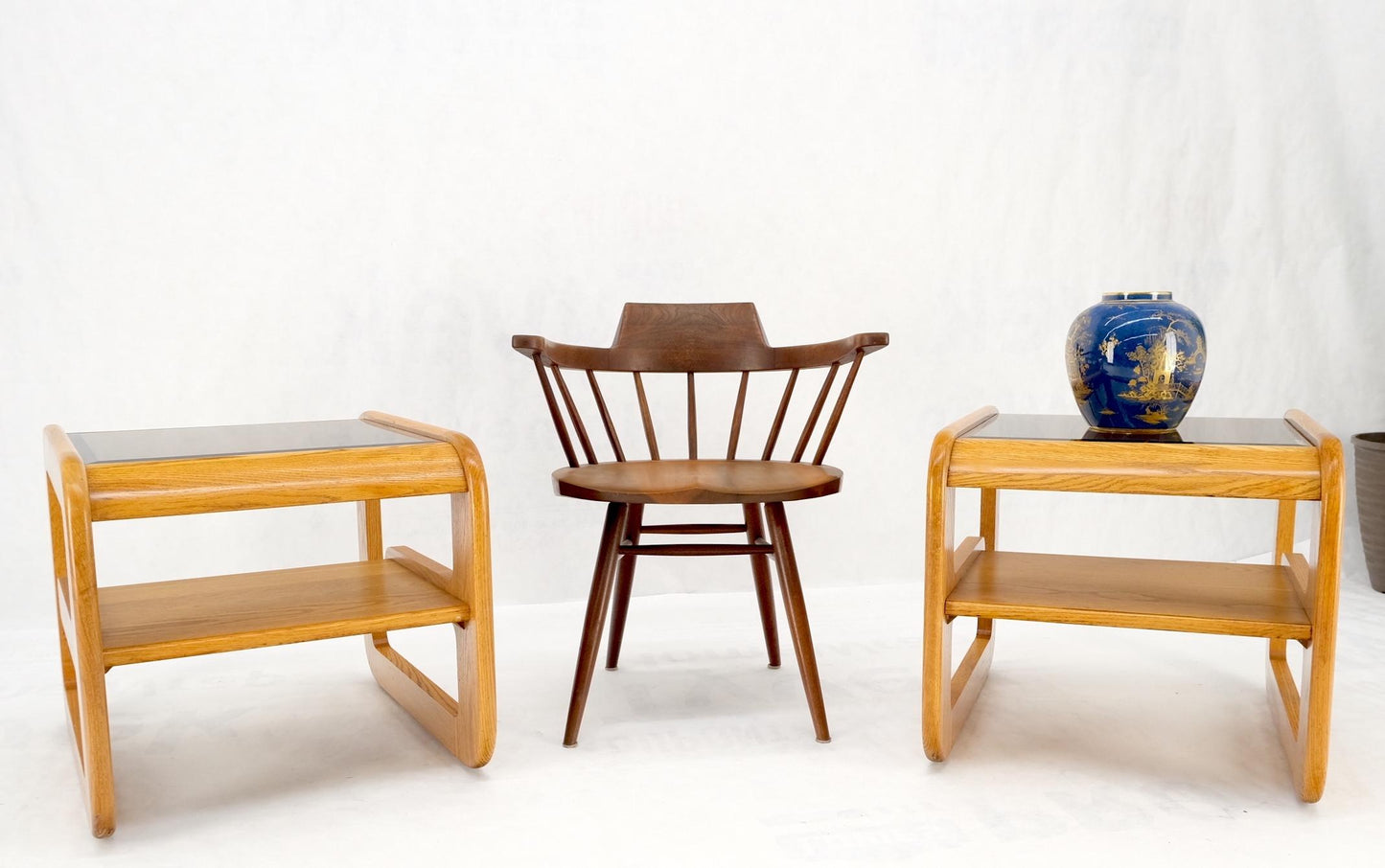 EstablishedLines Pair of Mid-Century Solid Oak Smoked Glass Top End Side Tables W Shelves Mint!