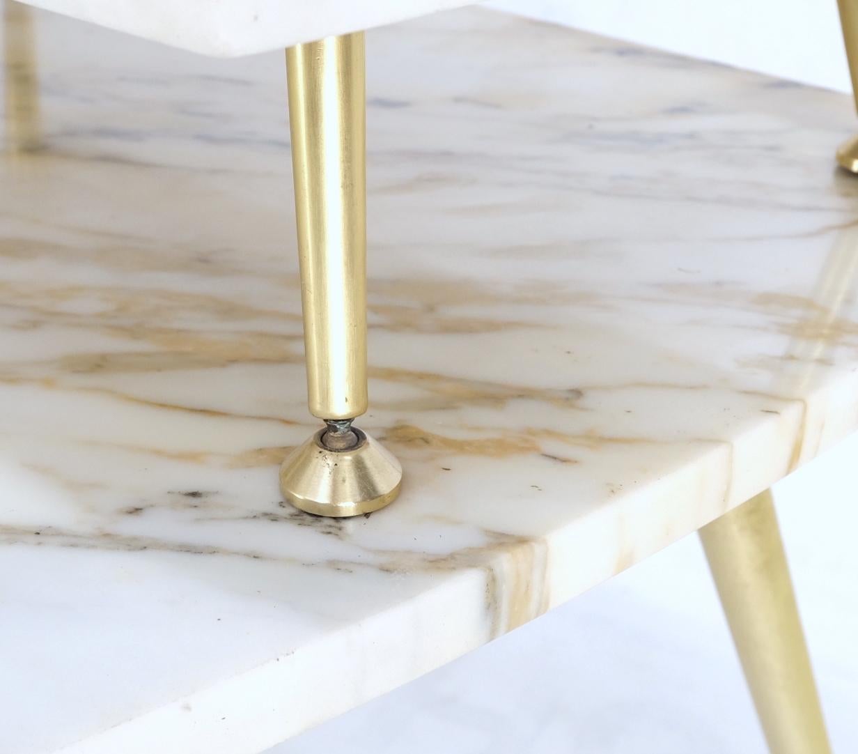 EstablishedLines Pair of Asymmetrical Wedge Two Tier Marble Top Tapered Brass Legs Side End Table