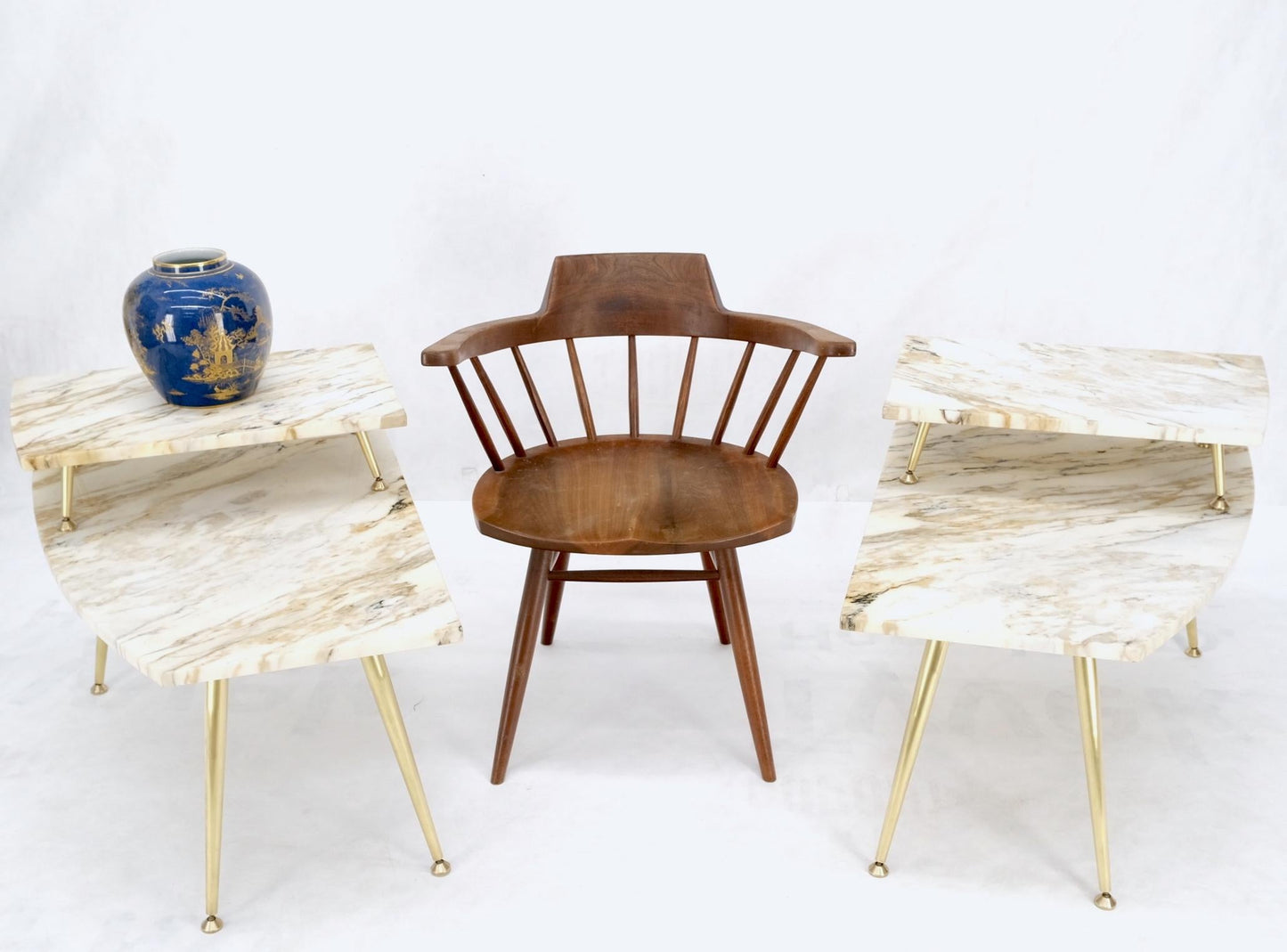 EstablishedLines Pair of Asymmetrical Wedge Two Tier Marble Top Tapered Brass Legs Side End Table